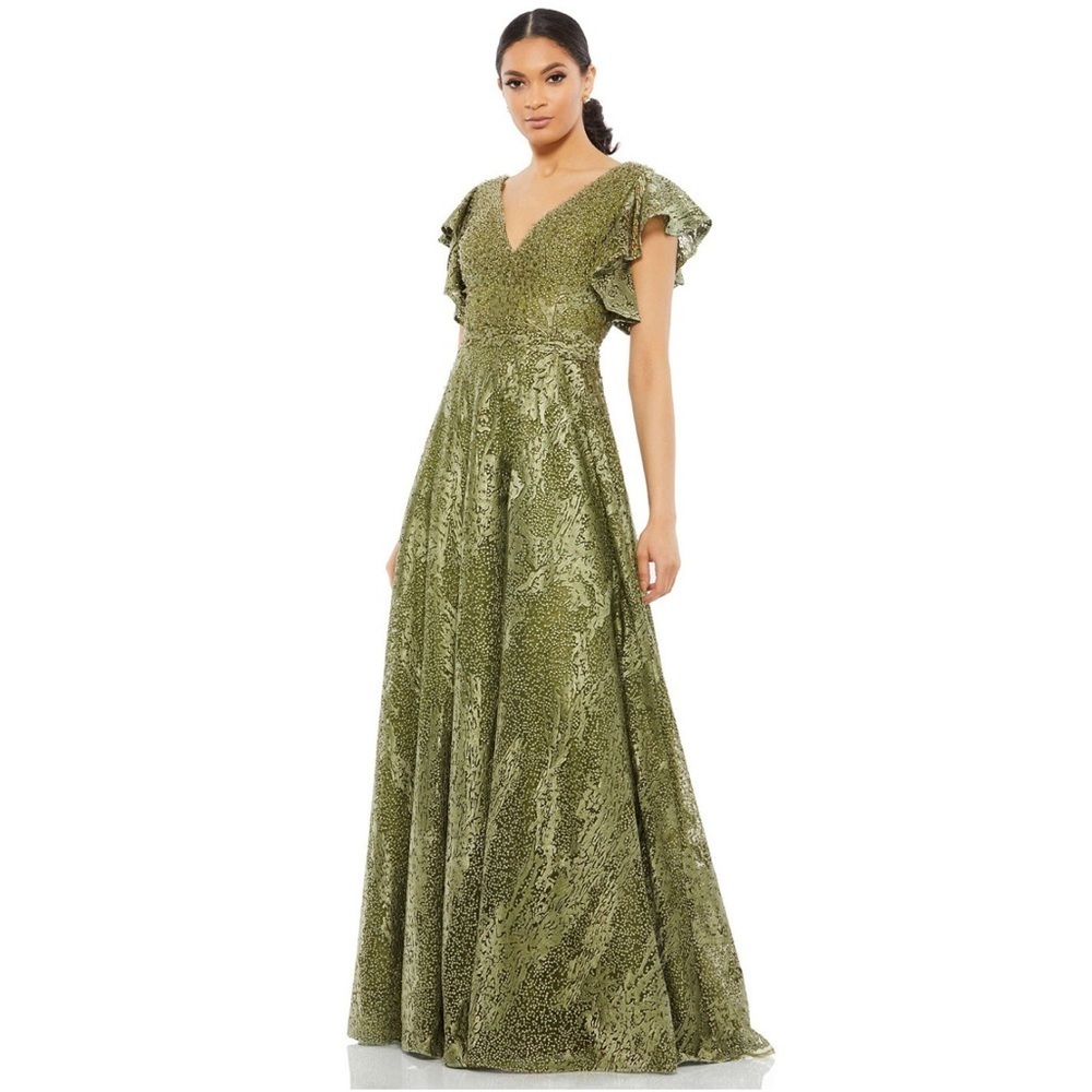 Mac Duggal Olive Sequin Flutter Sleeve Maxi Gown